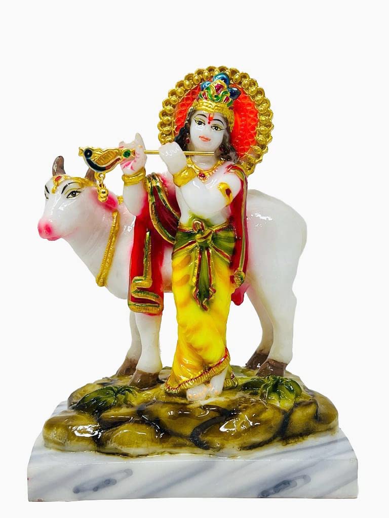 GLOOKS Krishna with Cow Idol/ Lord Krishna Statue 7 Inch - (Multicolored)