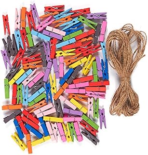 Mini Natural Wooden Clothespins - 100-Piece Small Colorful Clothespins with Jute Twine
