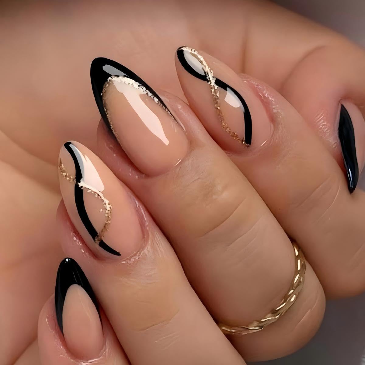 Black Press on Nails - French Tip Almond Fake Nails