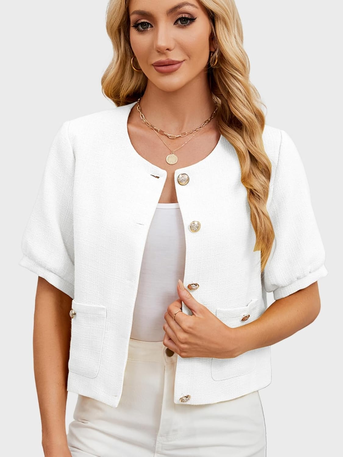 LifeShe Puff Short Sleeve Tweed Jacket Women Cropped Jackets Summer Open Front Office Work Blazer Coat - Image 3