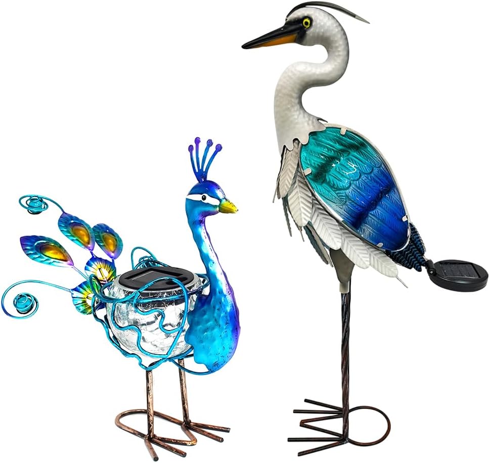 HONGLAND Solar Metal Crane Statue Garden Peacock Statue Light, Glass Outdoor Yard Art Coastal Ocean Bird Decor Lawn Ornament for Backyard Porch Patio Decor