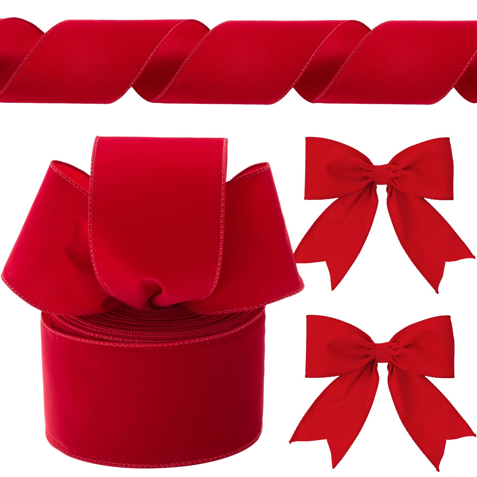 Yungyan Velvet Ribbons with Gold Edge Felt Ribbon Gift Bow Wrapping Ribbon for Handmade, Home Decor, Gift Wrapping, Wreath DIY Crafts, Christmas Tree(4 Inch X 60 Yards,Flocked Red)
