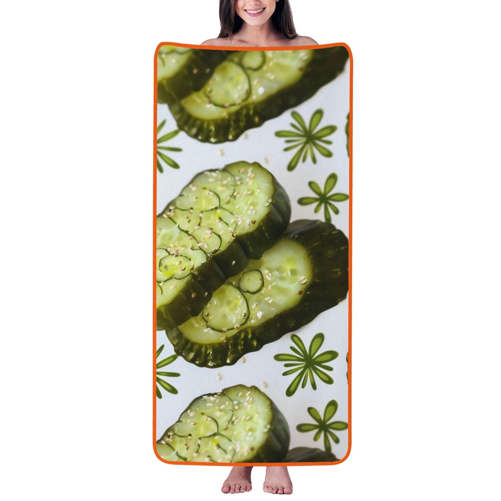 WPKJU Sushi Dill Pickles Printed Bath Towel with Orange Edging - 27x55 in Soft Extra Absorbent Coral Velvet Shower Towels for Bathroom