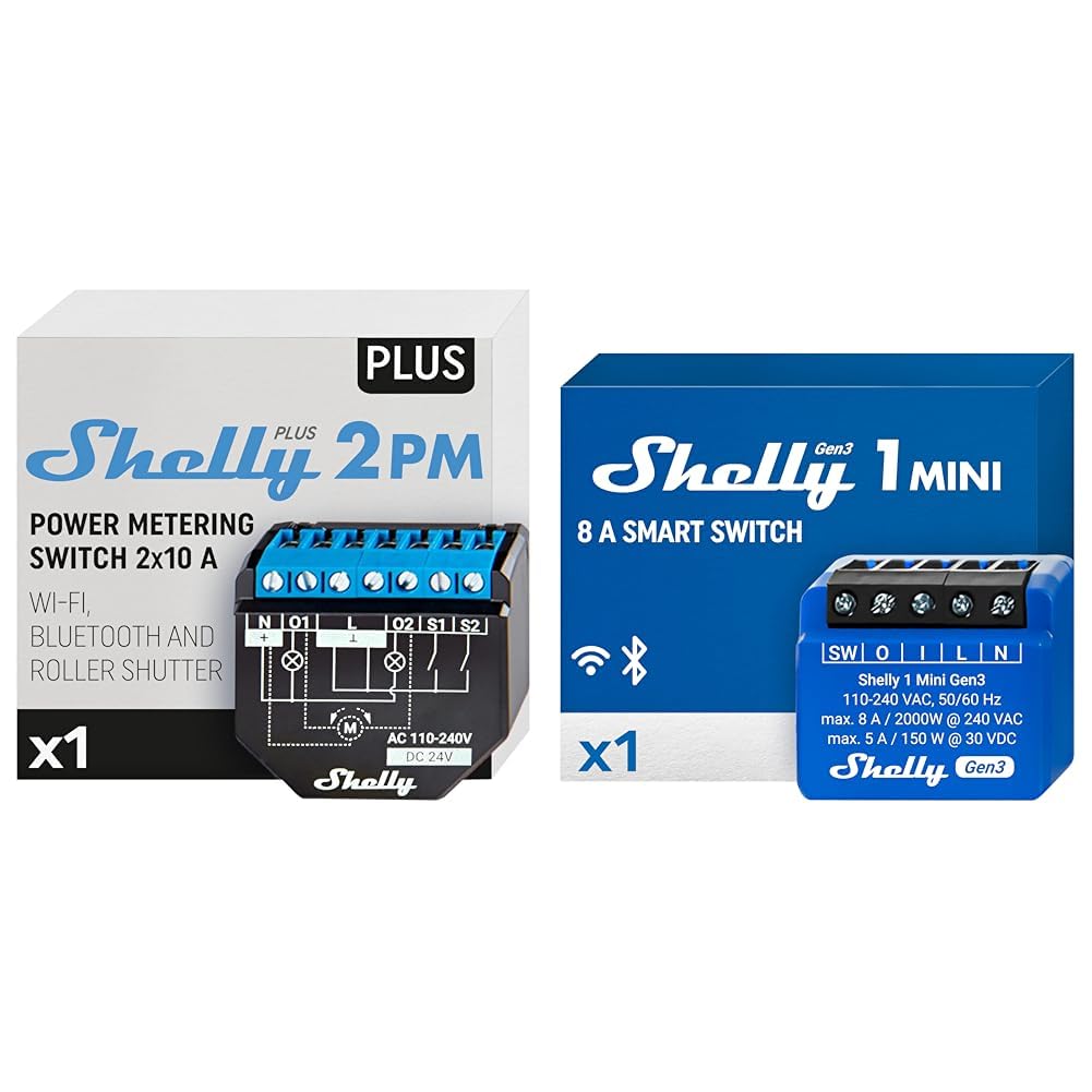 Shelly Plus 2PM | Wlan & Bluetooth 2 Kanäle Smart Relais Schalter mit Leistungsmessung & 1 Mini Gen 3 | WiFi & Bluetooth Smart Switch Relais 1 Kanal 8A