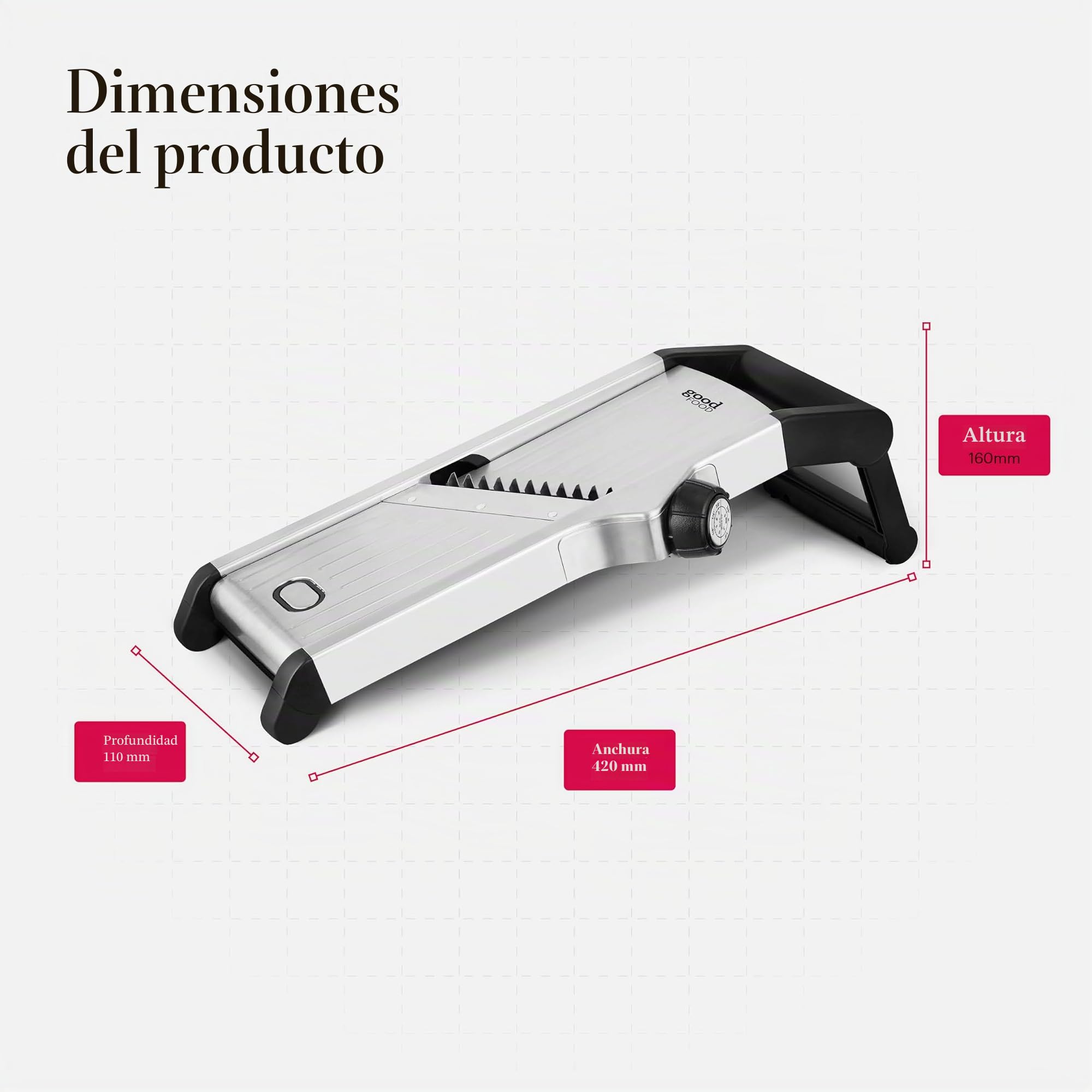 Good Food en asociación con Tower GF847073 - Mandolina de chef con cuchillas de acero inoxidable de precisión duraderas, ajustes ajustables y base antideslizante de silicona, acero inoxidable y negro