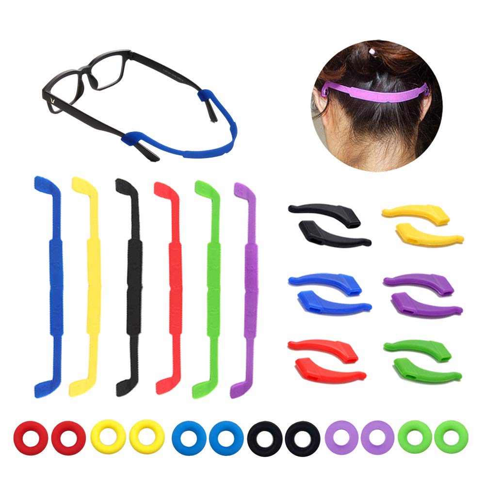MauSong 18 Pairs Glasses Straps 6 Pack Anti-Slip Sports Glasses Strap, 6 Pairs Ear Grip Hooks Elastic Glasses Strap and 6 Round Comfort Glasses Retainers Eyeglass Temple Tips for Kids Adult
