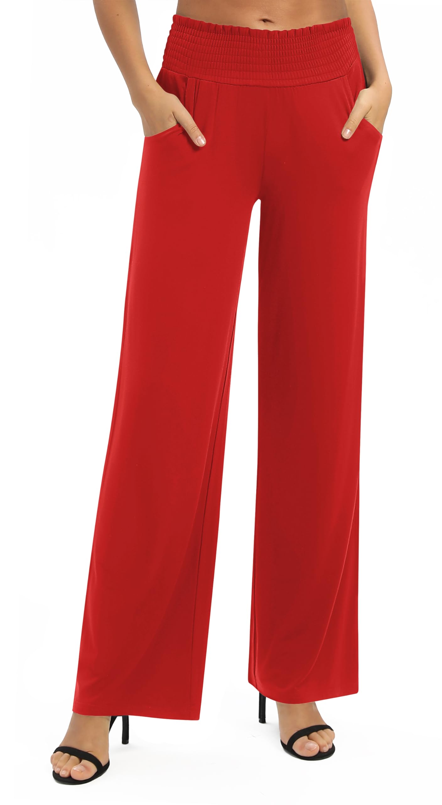 EXCHIC Mujeres Sólido Suelto Pierna Recta Palazzo Pantalones Cintura Alta Elástico Casual Pantalones con Bolsillos