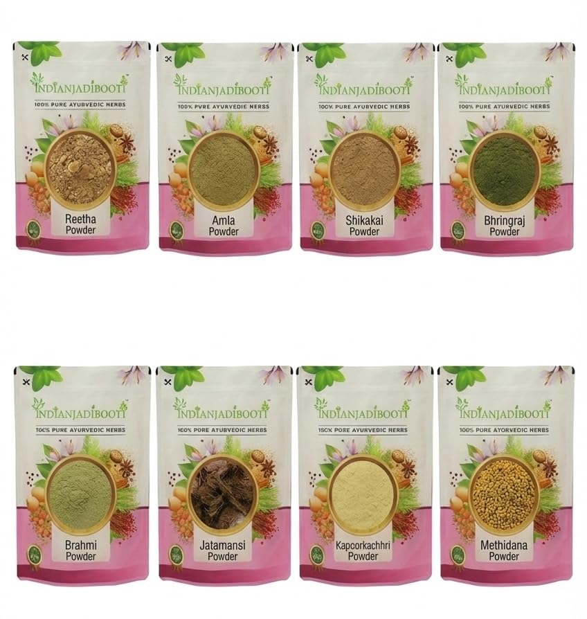 Image of IndianJadiBooti 8-in-1 Herbal Hair Care Powder (450g) | Amla, Reetha, Shikakai, Bhringraj, Brahmi Mix | Complete DIY Hair Mask for Growth & Shine | (Natural Cleanser & Conditioner)