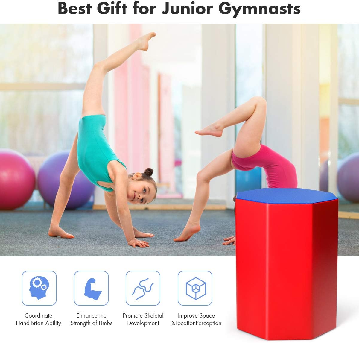 GYMAX Gymnastic Octagon Tumbling Mat, 24.5" x 26" Octagon Skill Shape Somersault Backbend Trainer, Soft Jumping Box for Kids, Cheerleading Martial Arts Home School