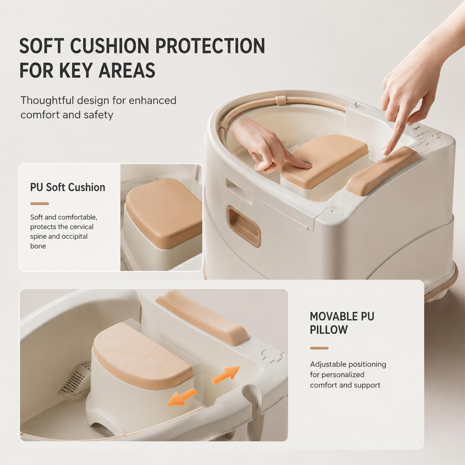 Lavacabezas Portátil para Cama, Lavabo de Peluquería Ajustable con Cojín de PU, Alcachofa de Ducha y Ruedas, Equipo de Head Spa Doméstico para Pelo Beige