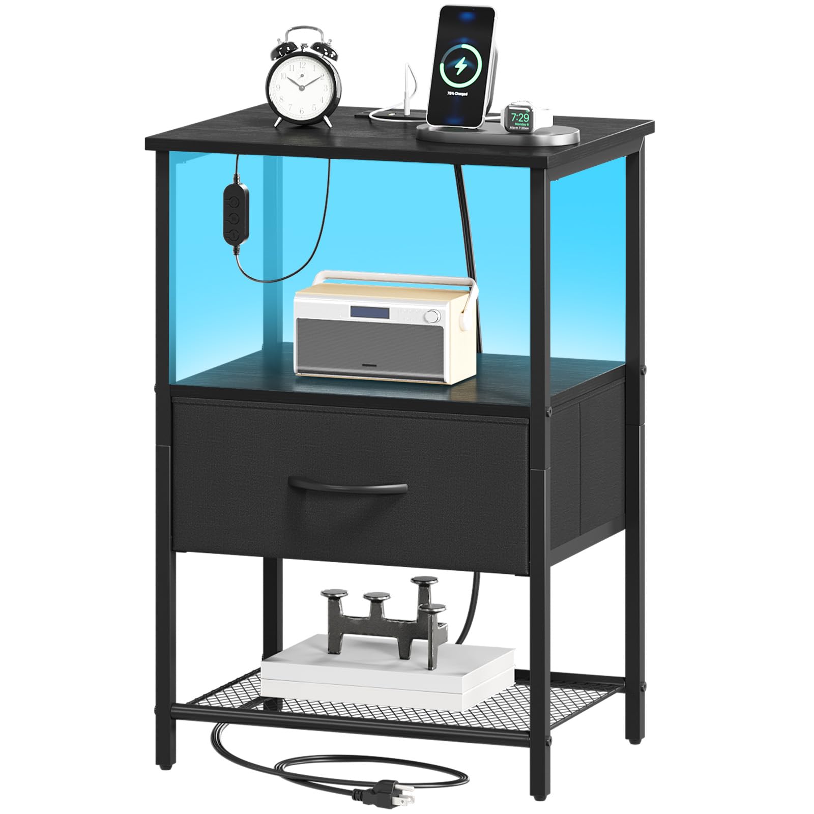 Somdot Bedside Table with Charging Station and LED Light, Small Bed Side Table for Bedroom Dorm Kids Room Closet, 1 Drawer Bedside Cabinet with 2 Outlets and 2 USB Ports, Black