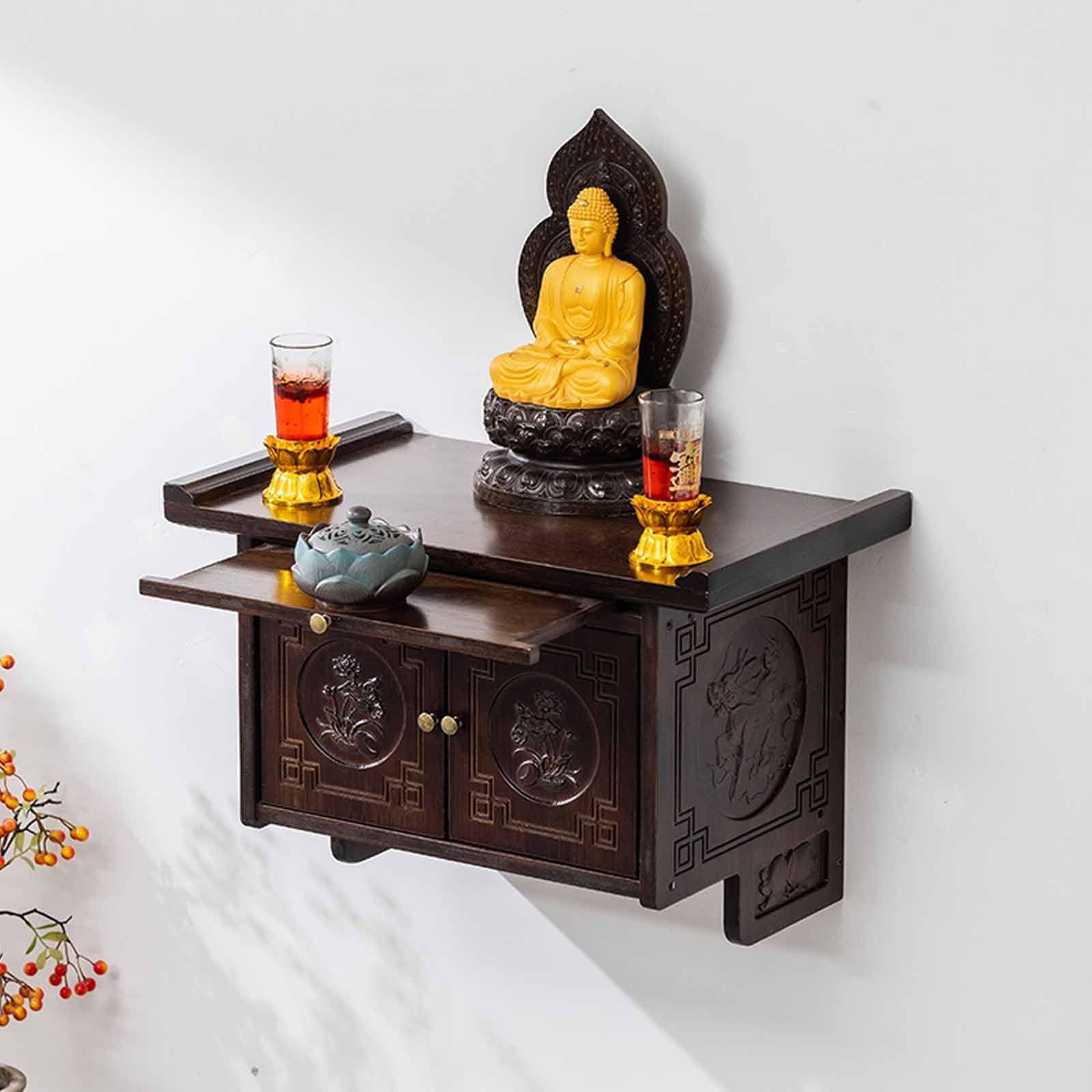 JNTFNE Wall-Mounted Shrine Altar Shelf,Wood Buddha Meditation Table, Chinese Feng Shui Guan Gong Guanyin Pooja Statue Display Stand,Pooja Stand,With cabinets(60 * 30cm/23.6 * 11.8in)