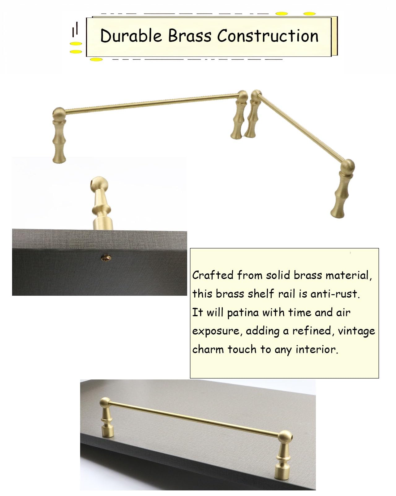 Juego de 3 barras decorativas de metal con 2 husillos de 26 pulgadas, barra de barrera de latón macizo para estantes de madera, elegante y (estilo A)