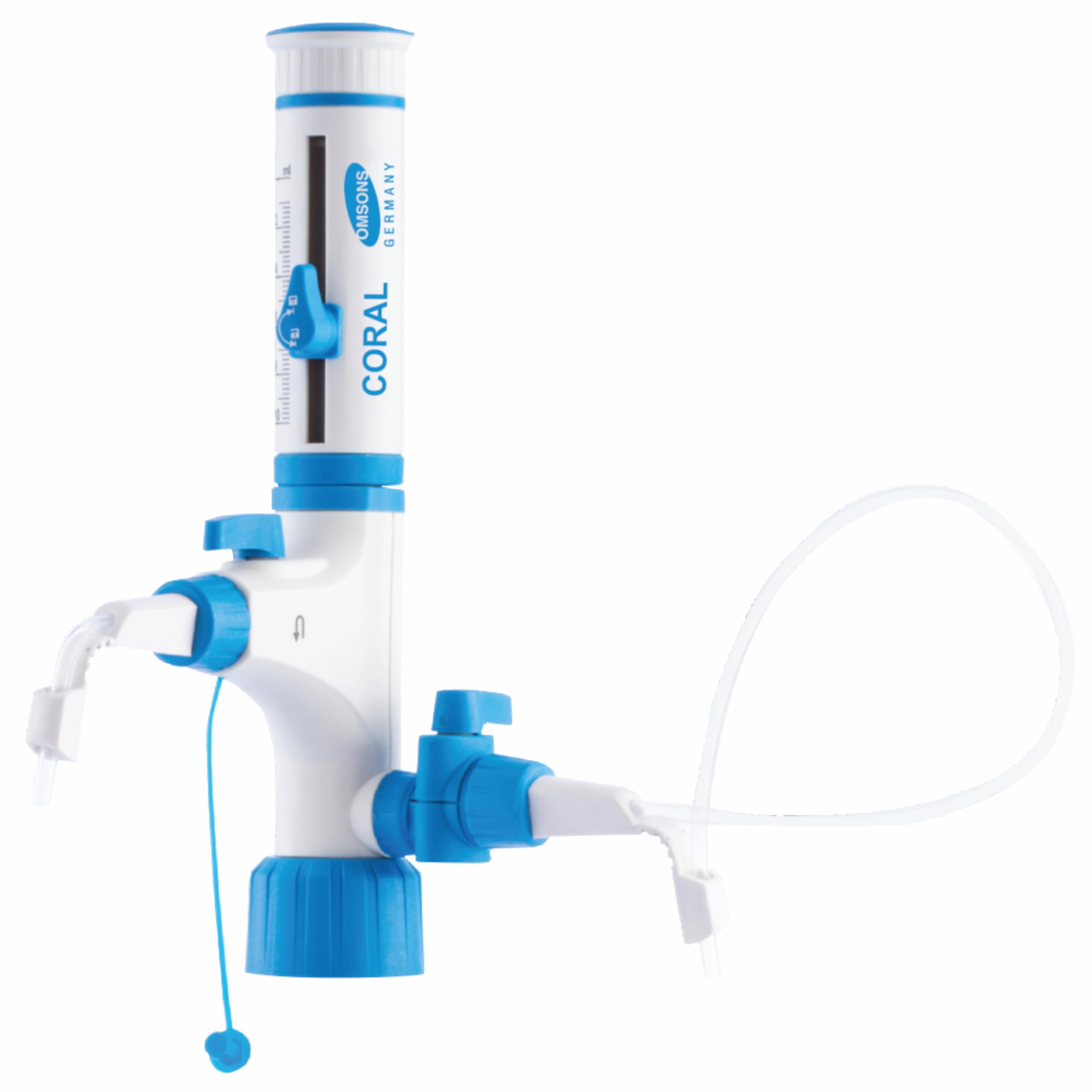 OMSONS Glassware | Bottle Top Dispensers (BTD) | Coral | Volume Range : 0.25-2.5 mL | Inc. : 0.05 mL | Pack of 1 |