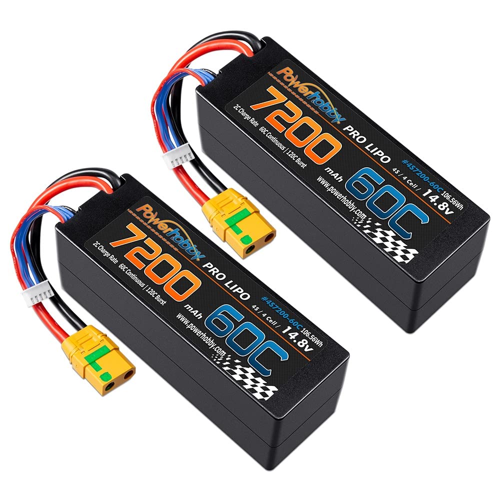 PowerHobby 4S 14.8V 7200mAh 60C-120C Lipo Battery XT90 Plug 4-Cell Hard Case (2) : Fits Arrma Kraton Outcast Talion Typhon