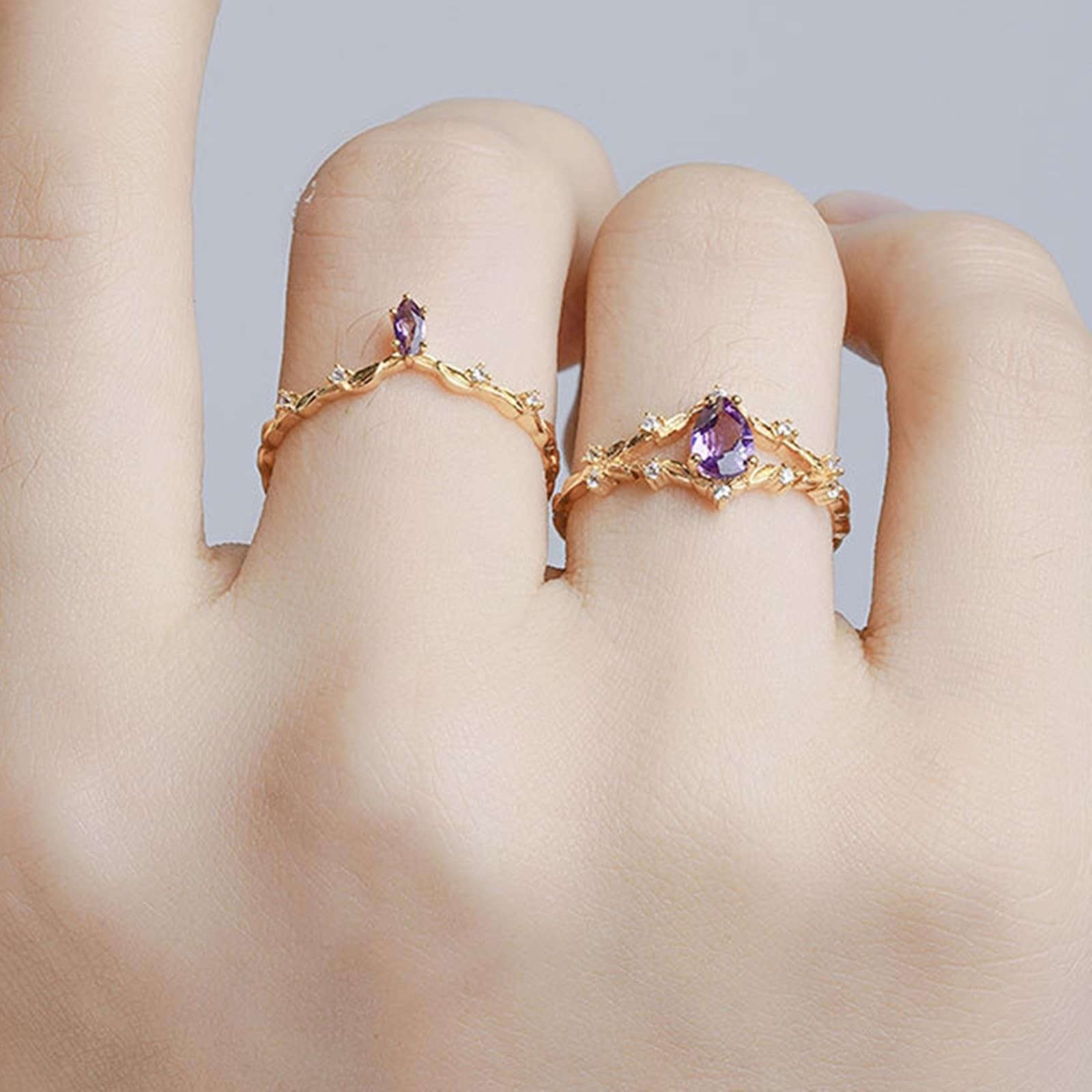 Gold 9K/14K/18K Echt Gold SchmuckSolitärring mit Tropfen Lila Amethyst, 2Pcs Set Klassiker Eheringe Au 375/585/750 Gelbgold Moissanit Gr.47-65