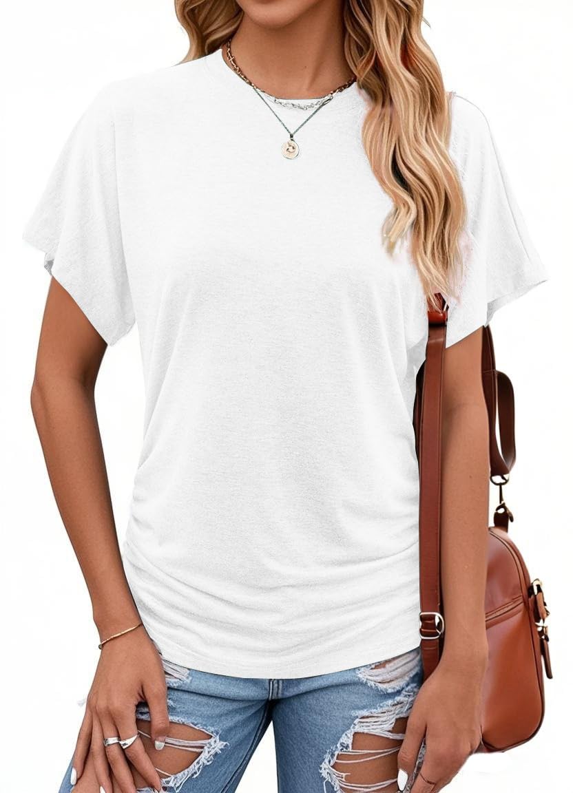isermeo T Shirts for Womens Summer Crewneck Dolman Tops with Side Shirring Short Sleeve Loose Fit Tee S-XXL