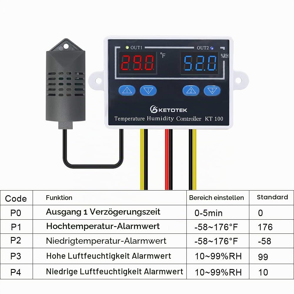 KETOTEK Digitaler Temperatur Feuchtigkeit Regler 230V Temperaturschalter mit fühler, Feuchtigkeitsregler Temperaturregler Luftfeuchtigkeitsregler 220V, Hygrostat Schalter Inkubator Pilz
