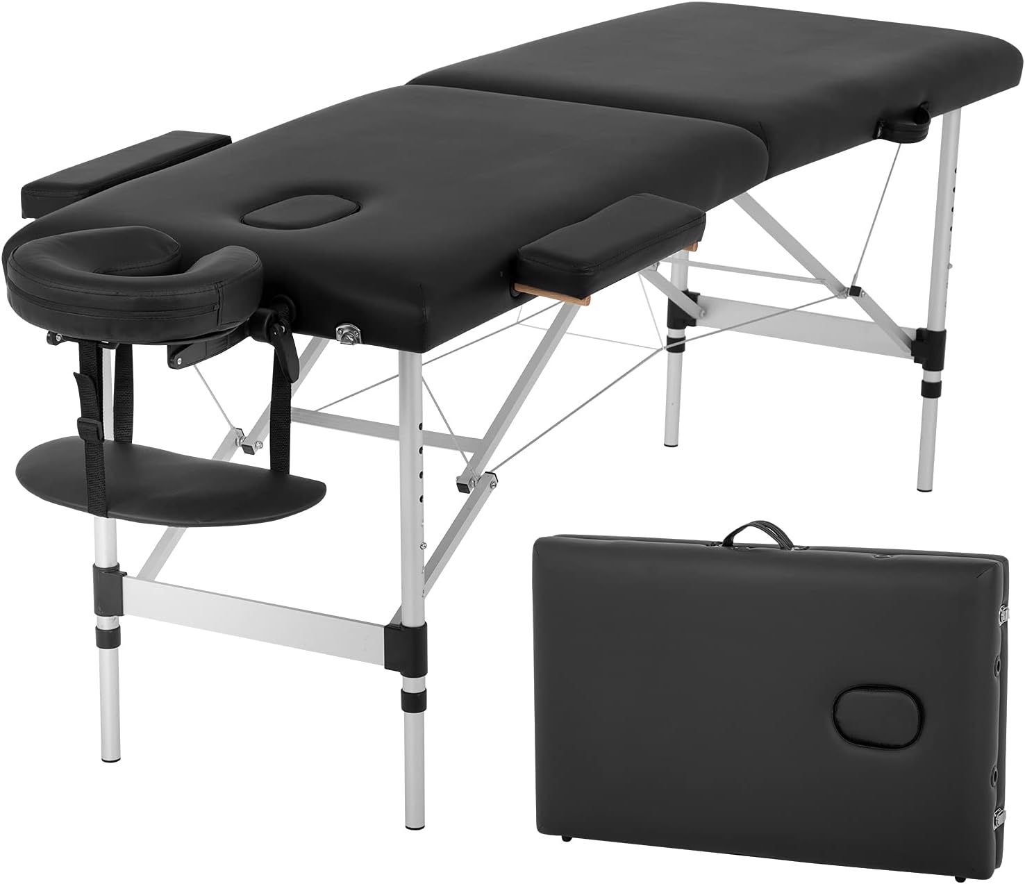 Aluminum Massage Table Portable Bed Height Adjustable Spa 2 Fold Facial Tattoo Salon W/Face Cradle Carry Case (Black)