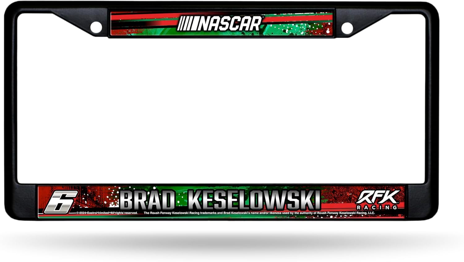 Brad Keselowski No. 6 Officially Licensed RFK NASCAR License Plate Frame – Black Chrome Metal with Green & Red Team Logo – Car, Truck, RV Motorsports Accessory for Racing Fans by Rico Industries
