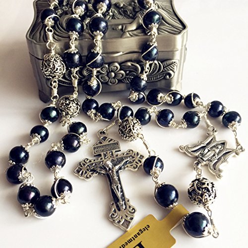 elegantmedical HANDMADE 10MM Black Pearl + Bali Sterling Silver Beads Catholic Rosary Cross Necklace box3
