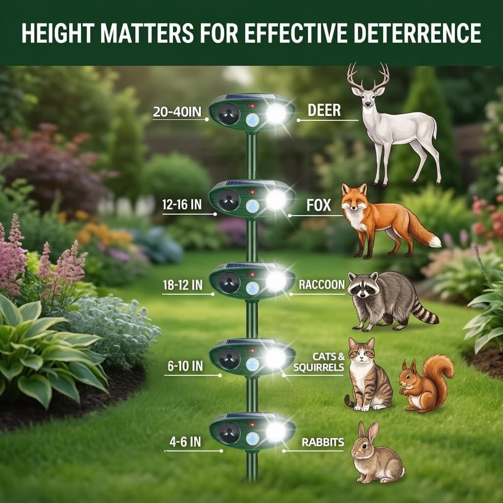 4Pack Sonic Fortress Pro Deer Repellent Devices Squirrel Raccoon Rabbit Cat Fox Deterrent Solar Ultrasonic Animal Repellent Outdoor with Motion Activated Strobe Light for Garden Yard Lawn Protection