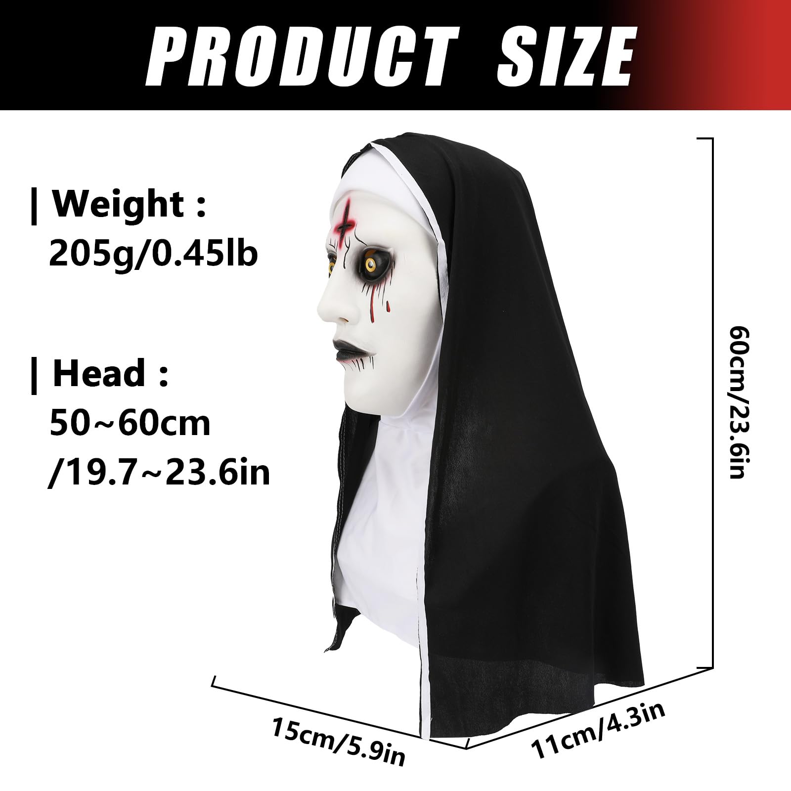 AENEY Scary Nun Full Head Mask, Creepy Halloween Nun Headpiece Costume Cross Necklace, Cosplay Party Gothic Accessories (Style-1) - Image 4
