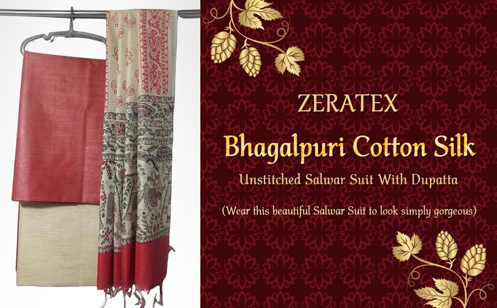 Image of ZERATEX Cotton Silk Hand Crafted Unstitched Suit Set for Women with Dupatta | Cotton Silk Salwar Suit Dress Material for Women & Girls | Top - 2.5 M, Bottom - 2.50 M & Dupatta - 2.5 M