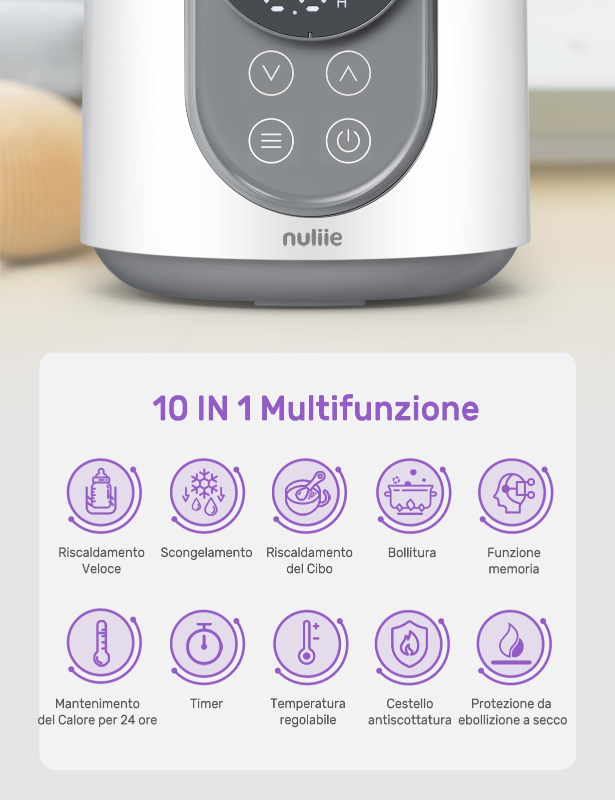Scaldabiberon, Nuliie 10-in-1 Scaldabiberon Elettrico per Latte Materno o Formula con Timer Digitale Display LCD Controllo Intelligente Della Temperatura e Spegnimento Automatico, 220V