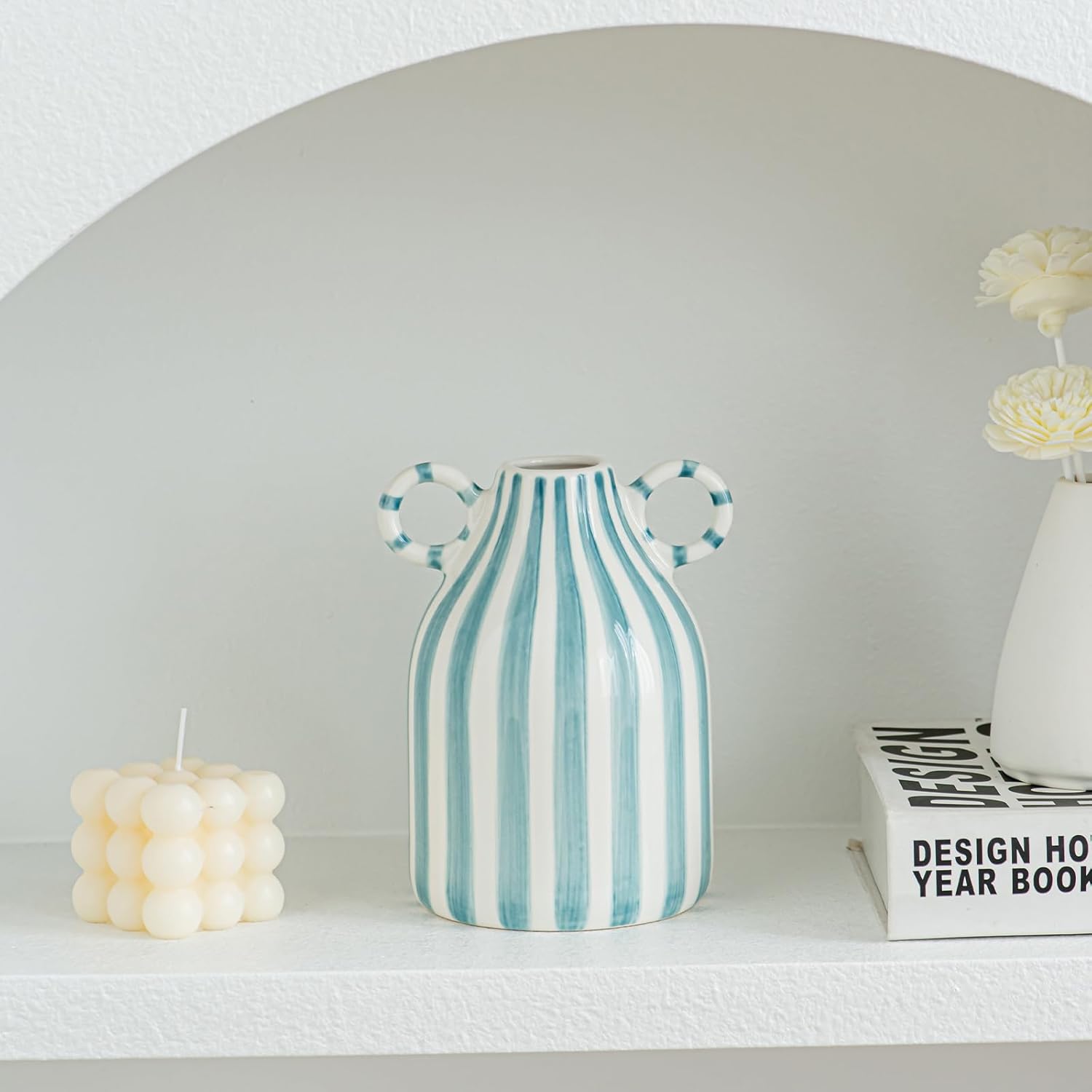 Blue and White Ceramic Vase, Mid Century Modern Striped Small Vases for Flower&Pampas Grass Centerpiece, Blue White Checkered Vase for Dining Table Kitchen Tabletop Minimalist Decorative - Image 5