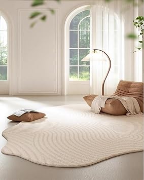 Natural Cream White Curved Striped Texture Home Office Rugs for Livingroom Bedroom Diningroom Faux Wool Washable Non Shedding Carpet Nursery Dorm Modern Minimalist Irregular Shaped Indoor 2x3 Rug