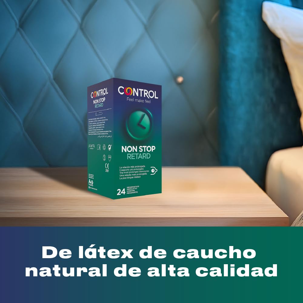 Control Non Stop Retard Preservativos- Caja de condones retardantes para una relación más prolongada, lubricados, ajuste perfecto, sexo seguro, 24 unidades (pack ahorro)