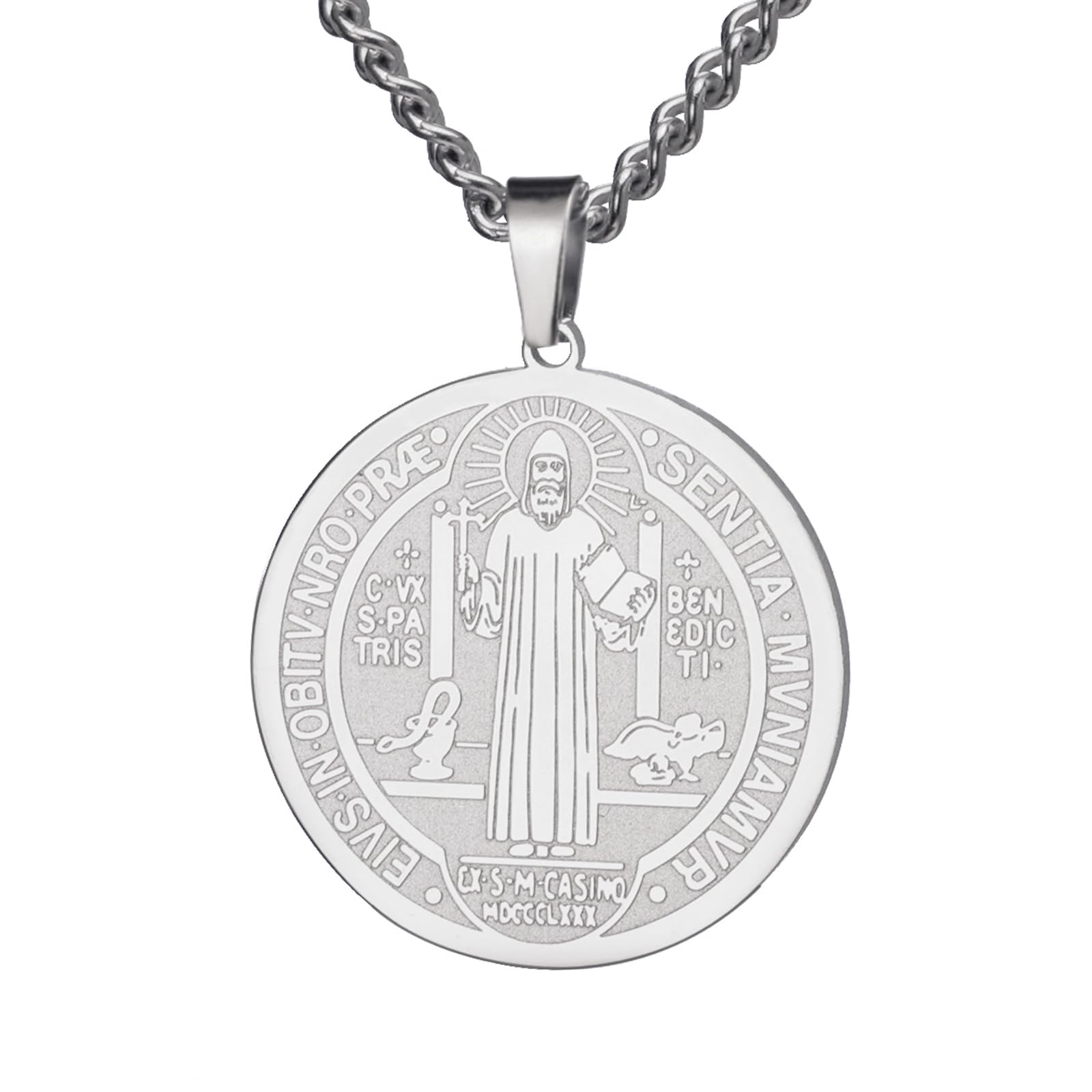 Catholic Saint Benedict Seal Necklace Stainless Steel St. Benedict Pendant Jesus Cross Religious Amulet of Strength Peace Prayer Jewelry For Men Women