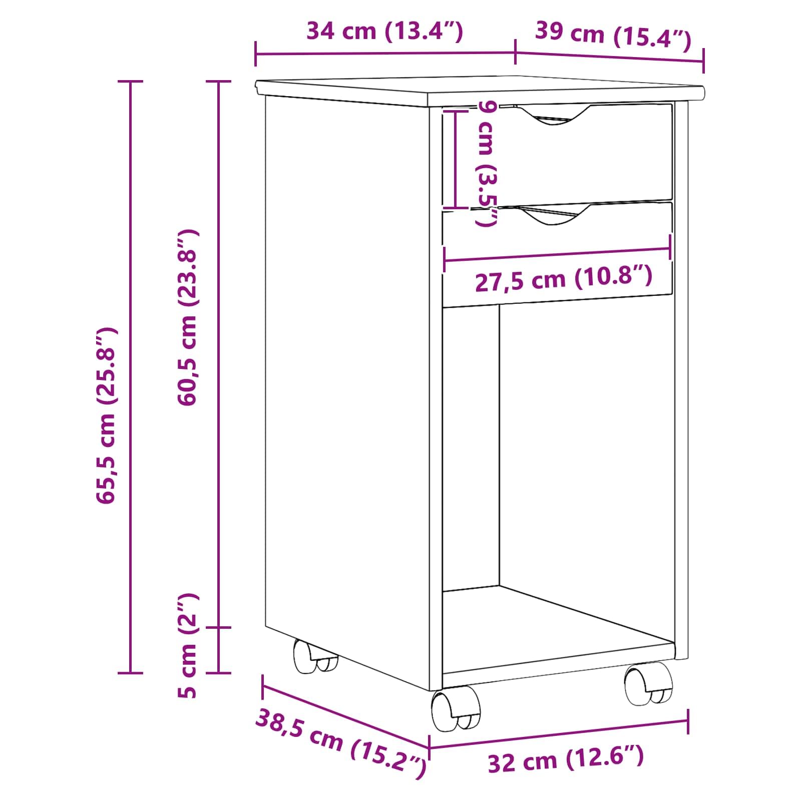 vidaXL Gabinete rodante 34 x 39 x 65,5 cm Pino Macizo, Escritorio de Estudio, diseño Rectangular Minimalista, con Mucho Espacio de Almacenamiento, para Oficina en casa