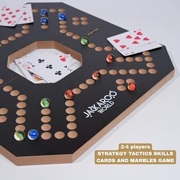 Jackaroo Board Game, 2-4 Player Jokers and Marbles Board Game, Solid Wooden Game with 16 Glass Marbles and 52 Cards, Marble Chase Game, Card and Marble Game, Foldable Board with Carry Bag (Black)