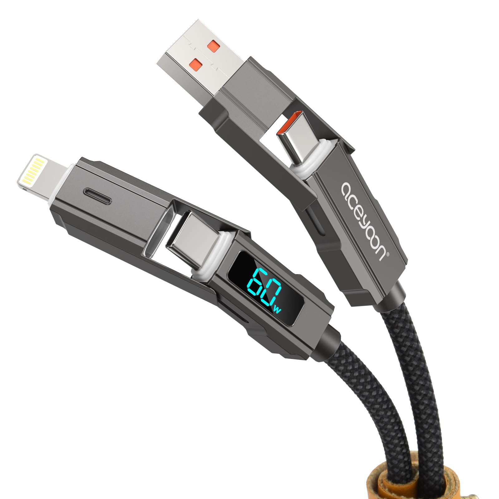 aceyoon USB Type C 充電ケーブル ライトニング 変換 最大60W 急速充電 マルチ ケーブル LEDディスプレイ 4in1 lightning USB C アダプター 1.5M 一本多役 PD対応 高速データ転送 ワットチェッカー メタル 出力スクリーン 表示 for iPhone 16 15 14 for Galaxy 多機種対応 Cable with LED Display