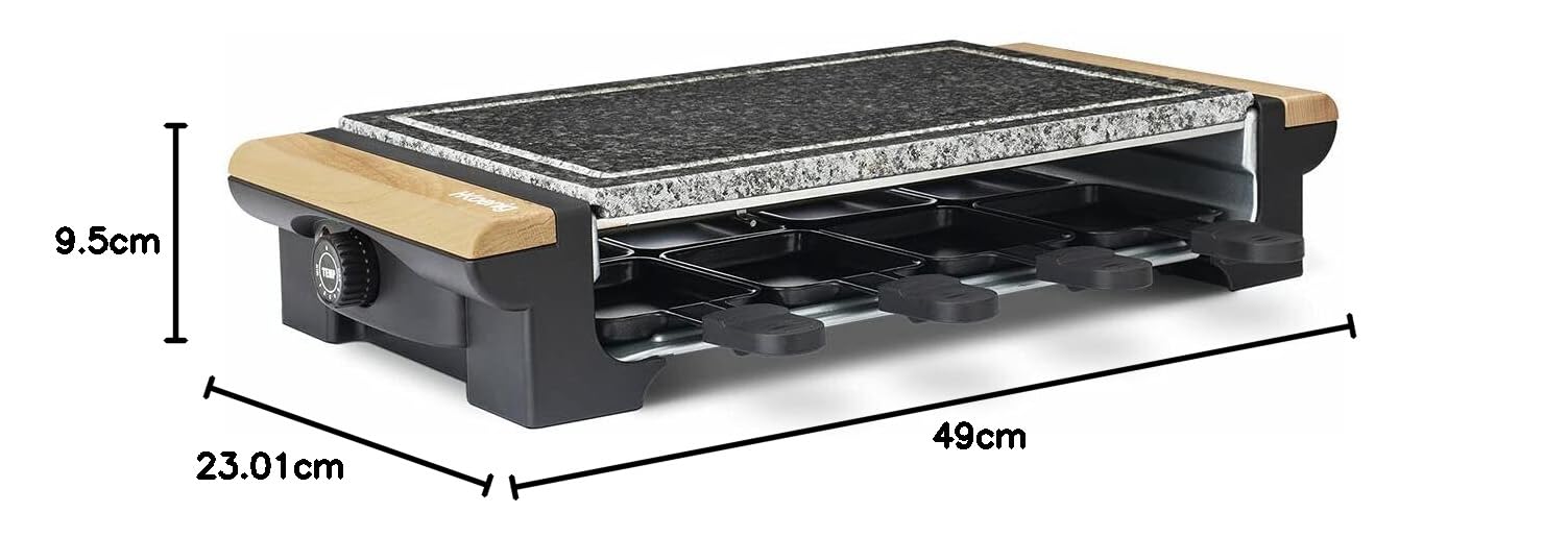 H.Koenig Pietra di cottura 2 in 1 con apparecchio per raclette da 8 persone RP328 design in legno, griglia multifunzione in granito,pietra rimovibile, Accessori: 8 teglie antiaderenti