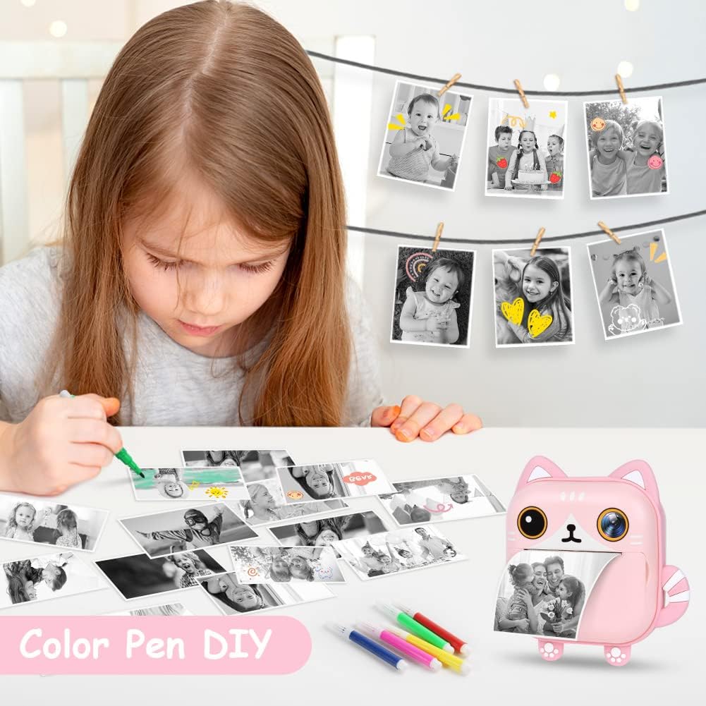 Ainiv Instant Print Camera for Kids - 2.4 Inch Dual Camera, 1080P with Print Papers & Pens, 32GB SD Card, Gifts for 3-12 Year Old Boys & Girls - Pink