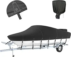 Tuszom 600D Solution-Dyed Ripstop Boat Cover with 17 Windproof Straps Fits 16-18.5 FT Long and Beam Width up to 94'' V-Hull Tri-Hull Runabout Fishing