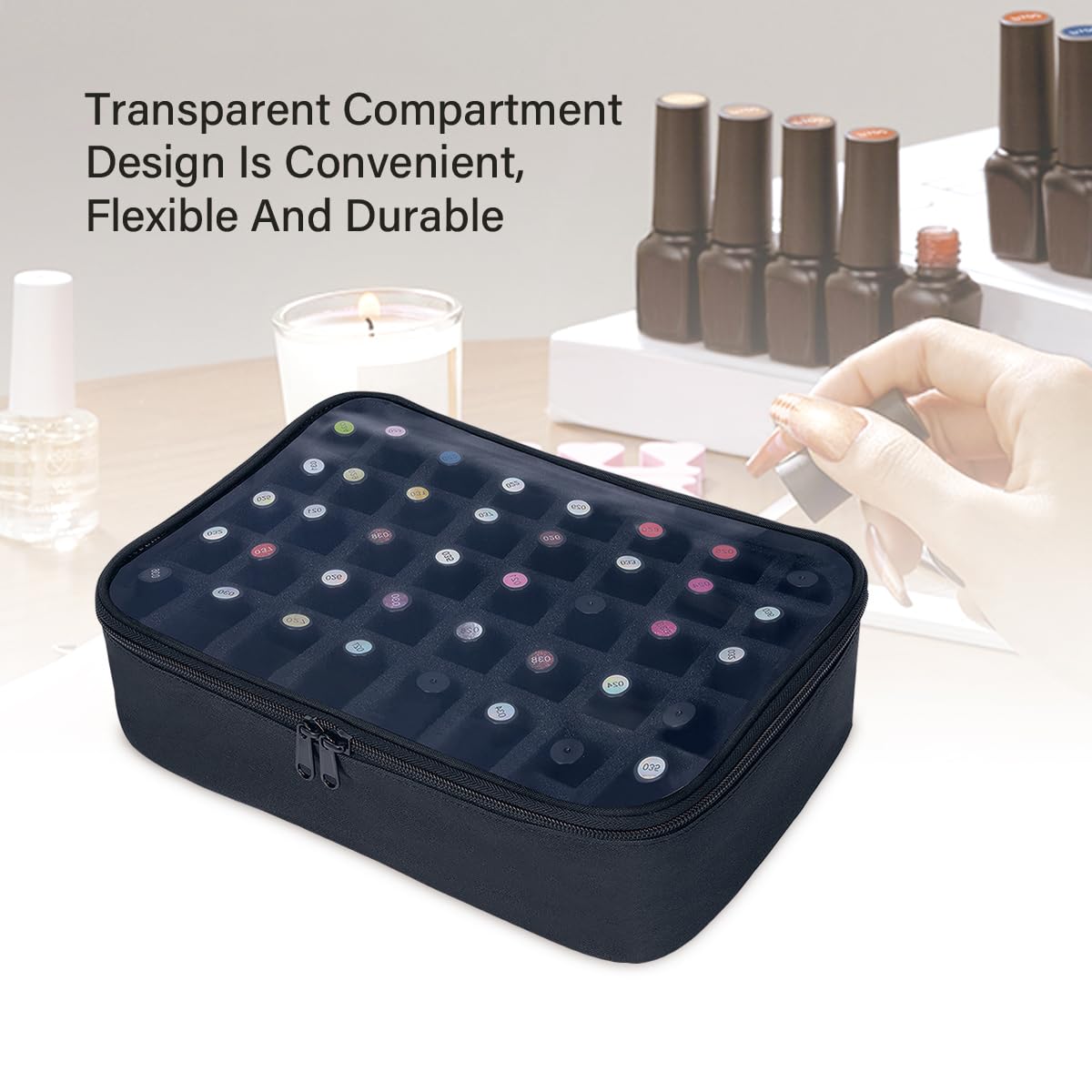 Pequeño organizador de esmalte de uñas transparente con capacidad para 40 botellas (15 ml), estuche multifuncional para esmalte de uñas, bolsas de maquillaje de viaje para mujeres, Negro -