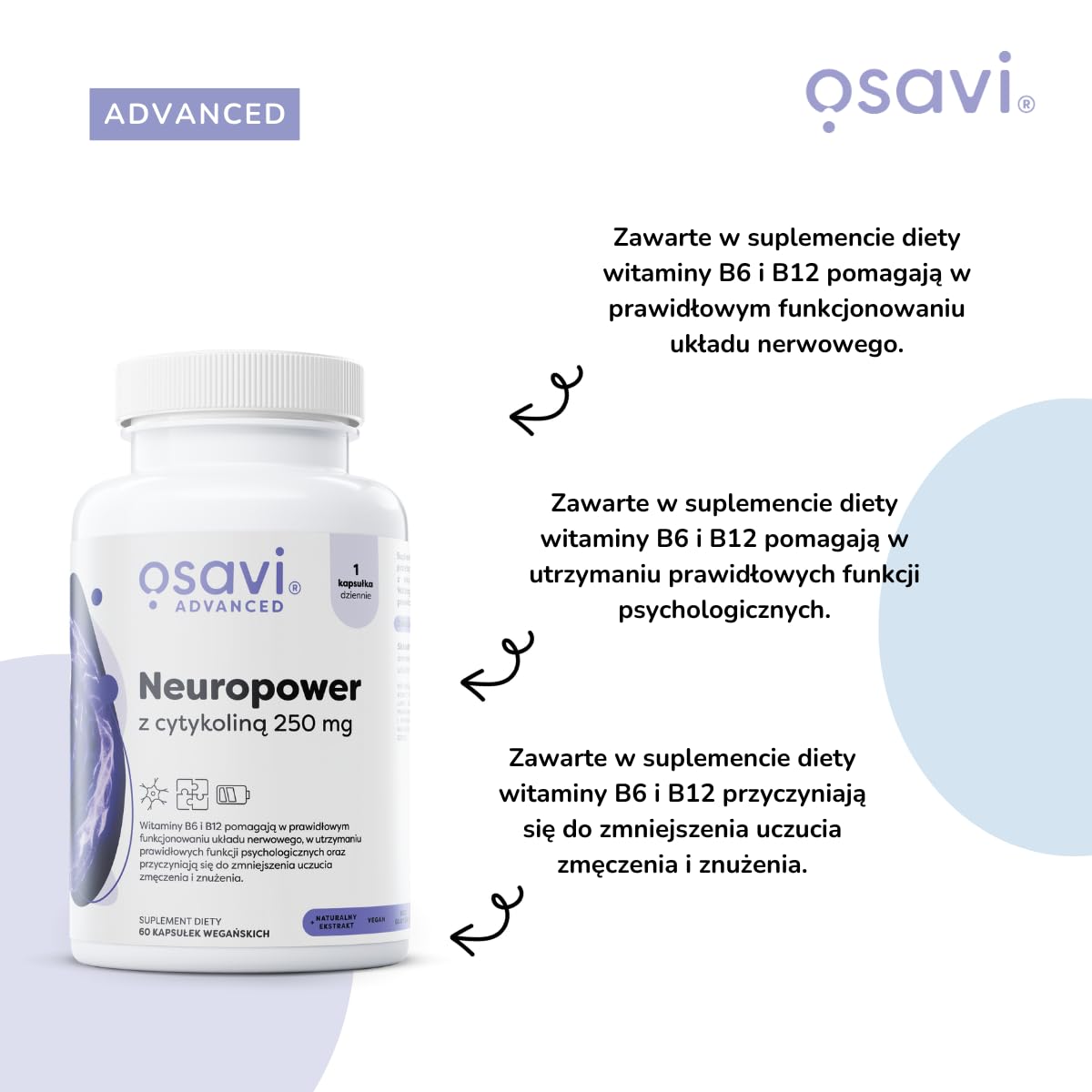 Osavi Neuropower z Cytykoliną 250 mg – 90 wegańskich kapsułek | Wspiera układ nerwowy i zdrowie psychiczne | Z Cognizin® cytykoliną, L-teaniną, koenzymem Q10, B6 i B12 dla jasności umysłu