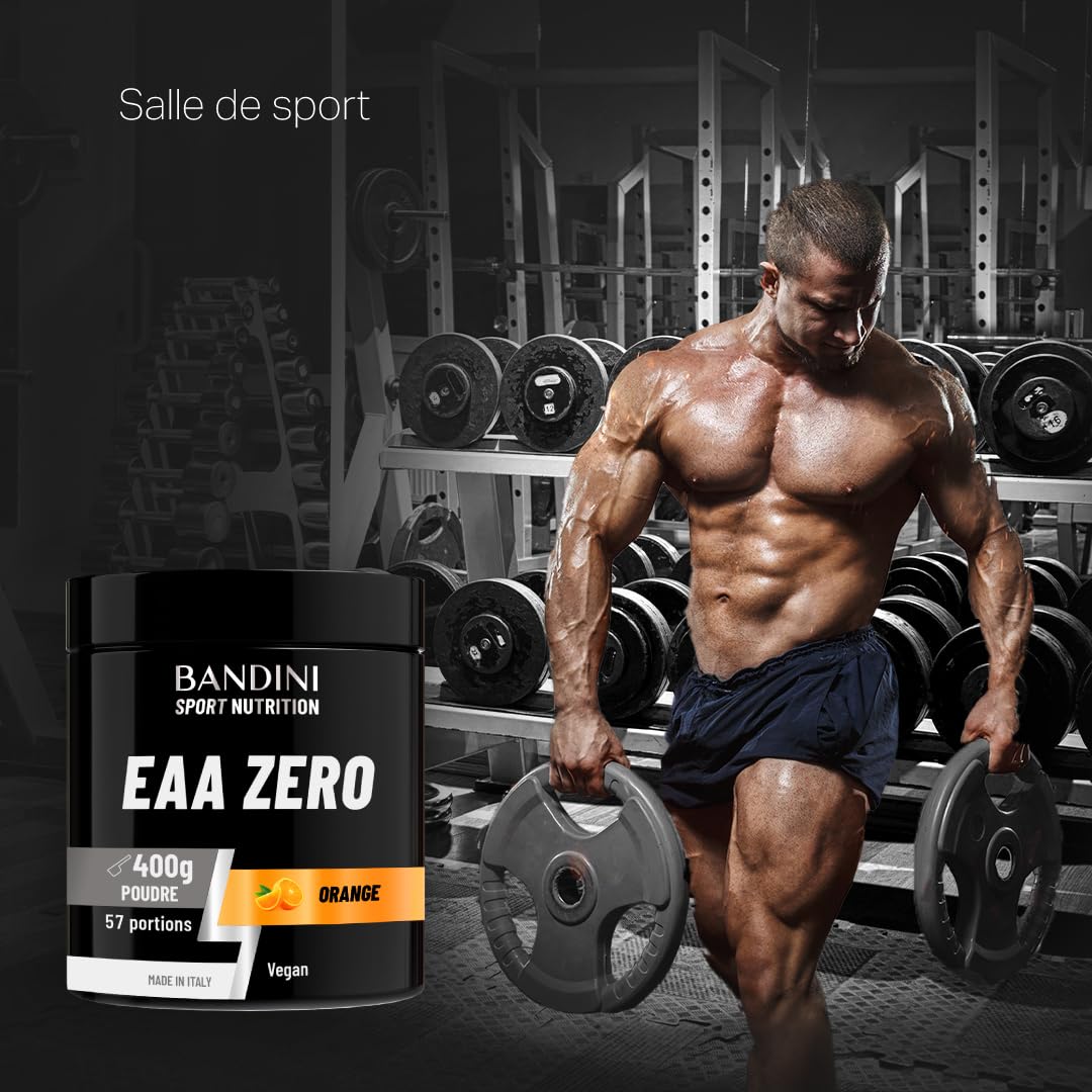 Bandini® EAA ZERO Poudre | Acides Aminés Essentiels AAE 400g Powder | Supplément Végétalien Sans Sucre | Apport Optimal de 9 Amino Acids | Puissant Pre Workout | Boisson Vegan au goût d'Orange