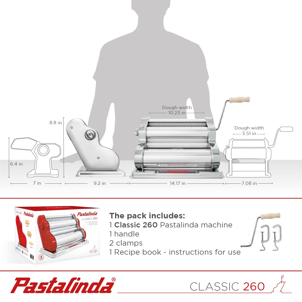 PASTALINDA Nudelmaschine Classic 260, 26 cm breite Walzen, 9 Stärkepositionen, 2 Schnittpositionen, Edelstahl Inklusive verstärkter Handkurbel und zwei Klemmen (Chrom)