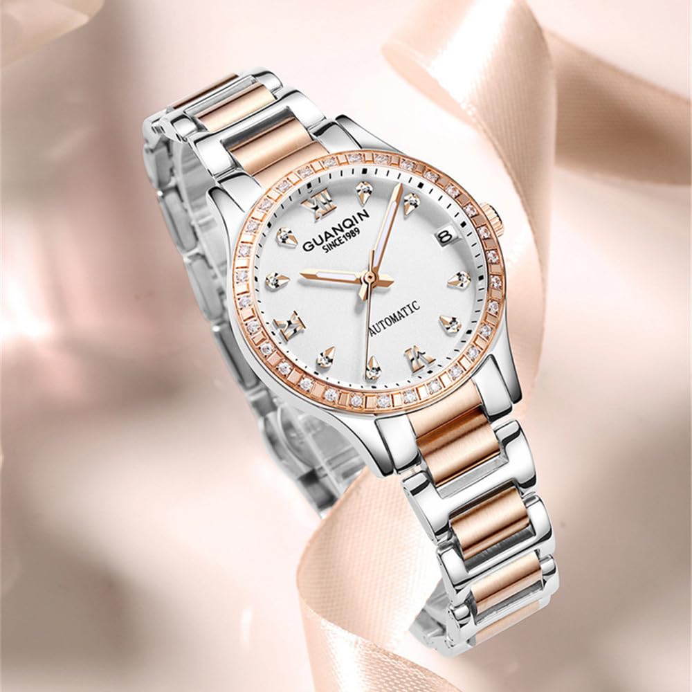 Guanqin Vintage Frauen Kalender Leuchtend Automatisch Selbstaufzug Mechanische Armbanduhr Saphir Kristall Strass Business Wasserdicht Uhr Lady Stilvolle Edelstahl Armbanduhr