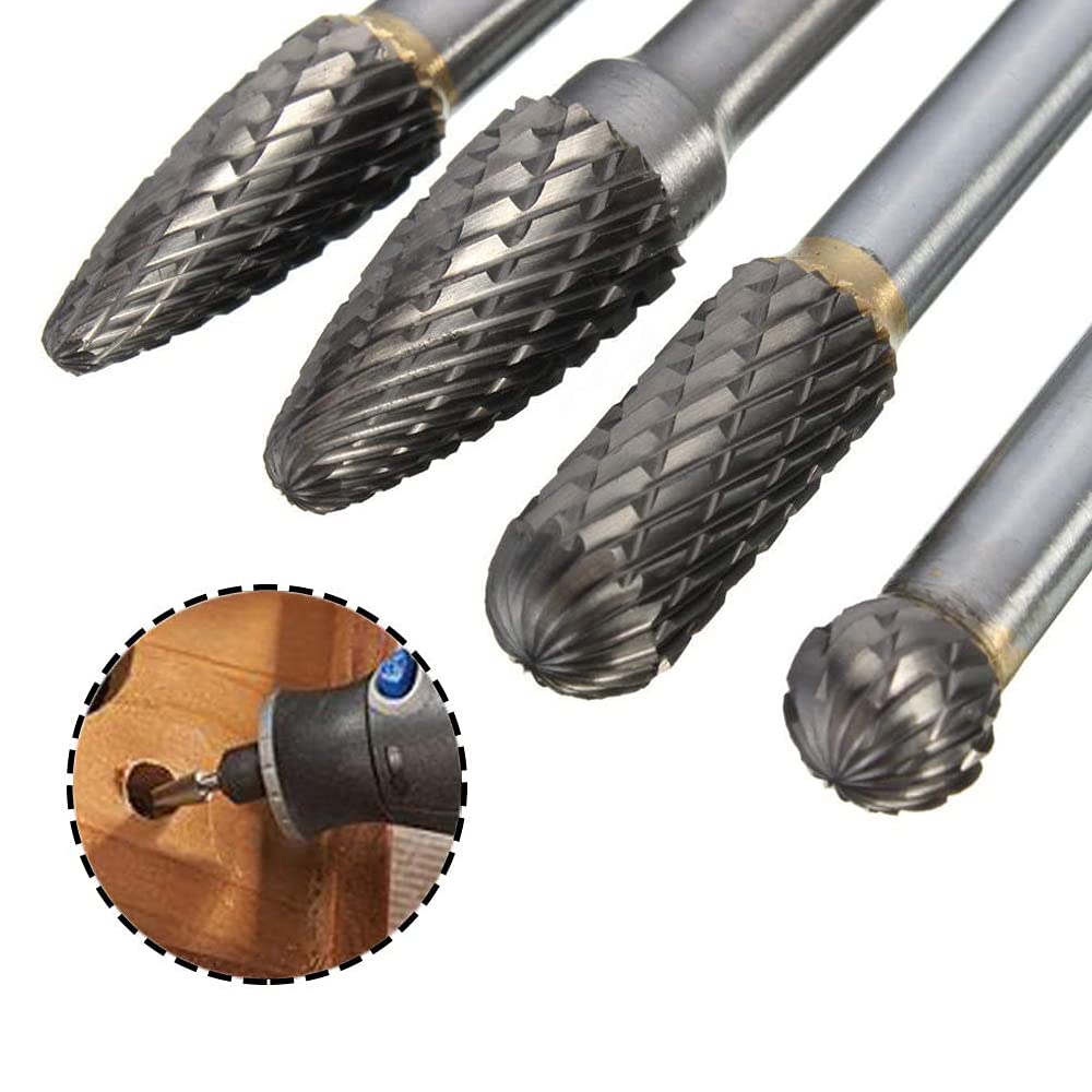 4 Pcs Kit de Fresas Giratorias de Carburo de Tungsteno Fresas de Diamante Rotary Archivo Tungsteno Acero Herramientas Rotary Burr Fresa Giratoria de Largo Alcance 6 mm