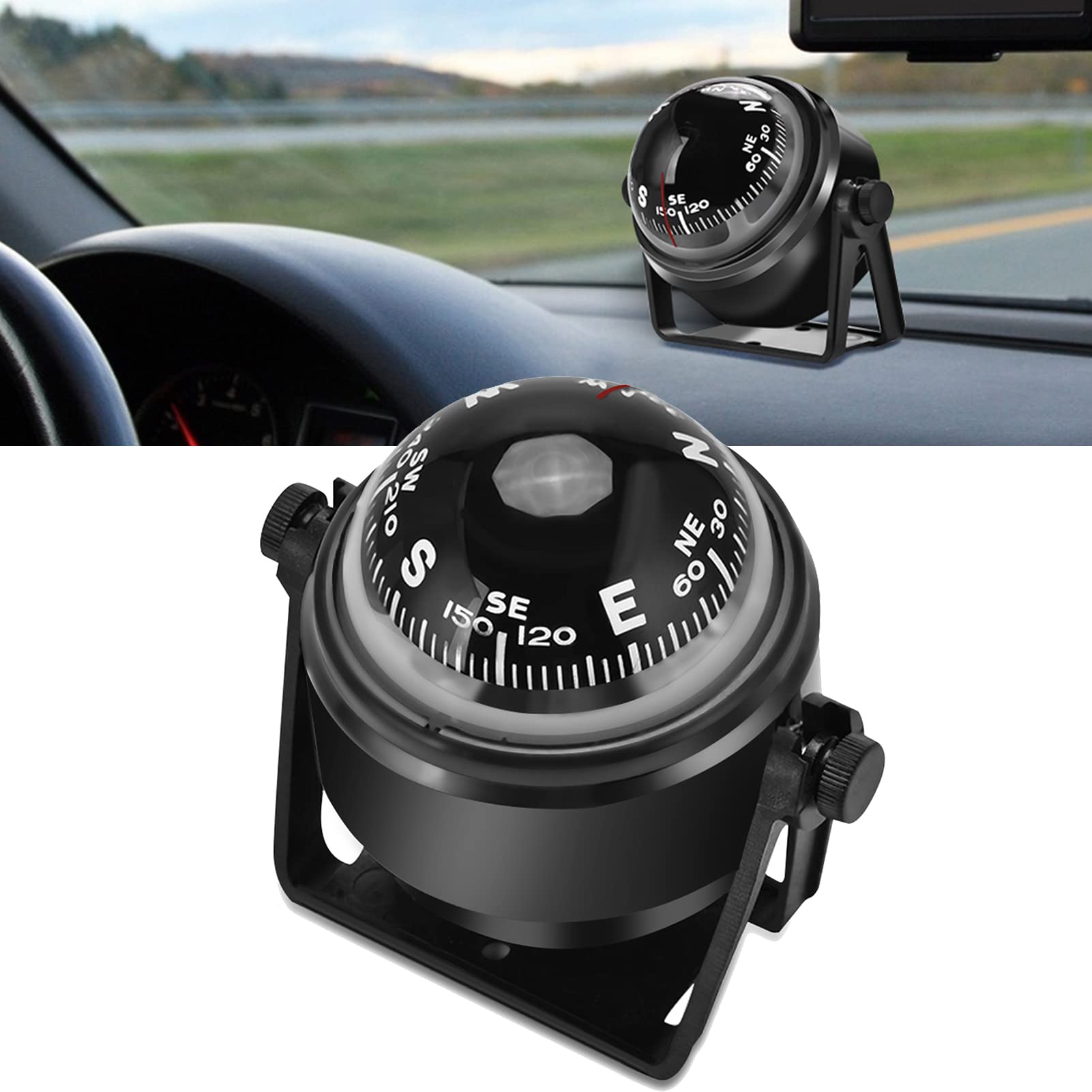Bussola A Sfera Per Auto E Barca – Visione Notturna Con Supporto Regolabile E Adesivo – Colore Nero (56x65x80 Mm) - 5