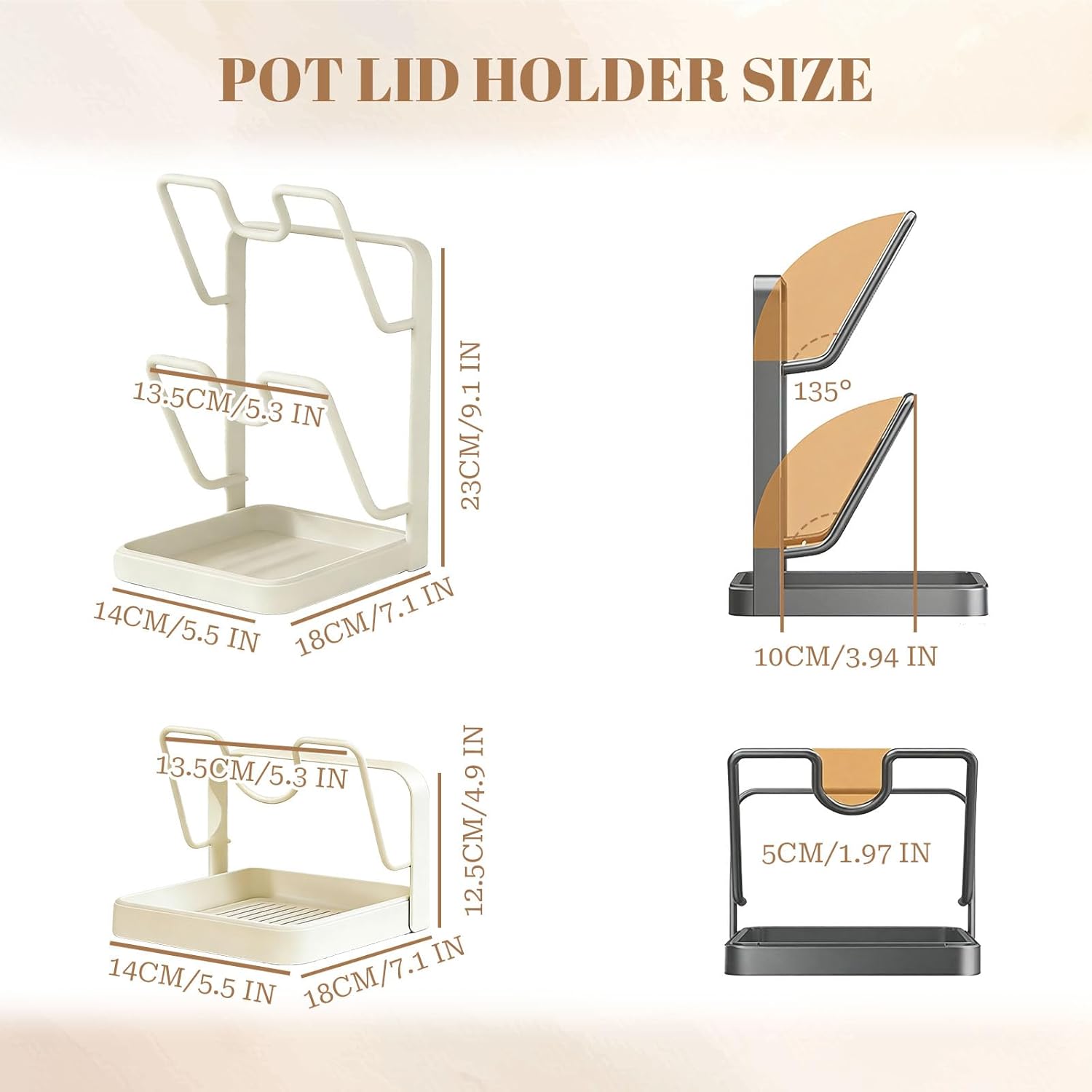 304 Stainless Steel Kitchen Pot Lid Storage Rack, Pot Lid Holder while Cooking, Pot Lid Organizer with Removable Tray & Spoon Rest,Waterproof & Rustproof(Beige, 2 Layer) - Image 7