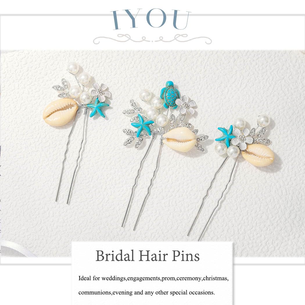 IYOU Starfish Bridal Wedding Hair Pins Seashell Silver Hair Piece Pearl Flower Communion Bridesmaid Hair Accessories for Women(Pack of 3) - Image 2