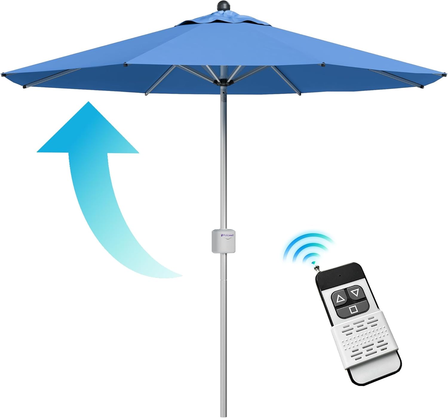 Patiowell 9 FT Motorized Patio Umbrella, Remote Outdoor Umbrella with Heavy Duty Aluminum Frame, Removable Power Bank and Push Button Tilt for Backyard, Pool, Garden, Beach, Blue