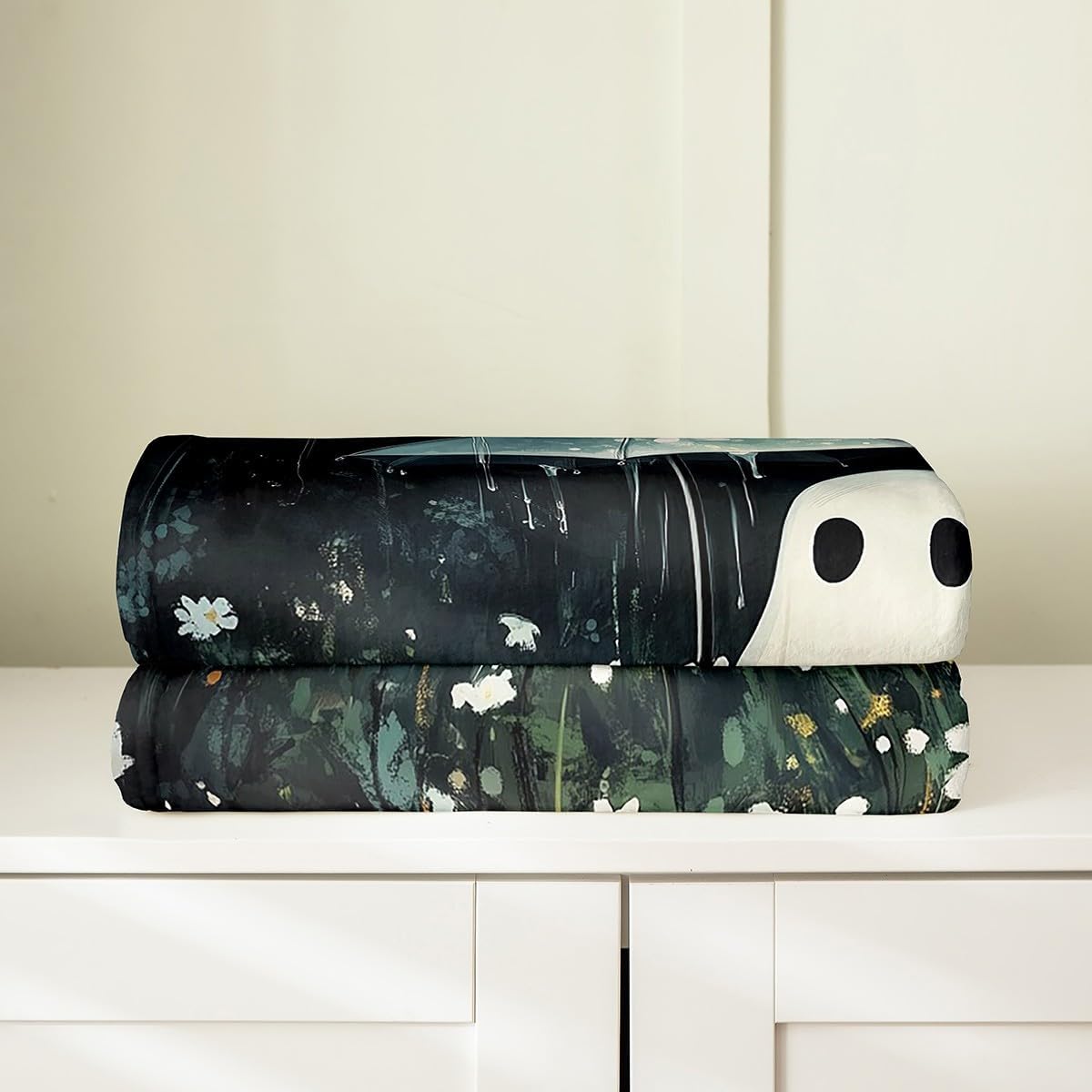 Cute Ghost Fleece Blanket,Rainy Night Umbrella Halloween Ghost Bed Blanket for Kids Teens,White Daisy Flowers Rustic Jungle Flannel Blanket for Room Decor,Queen 90"x90"